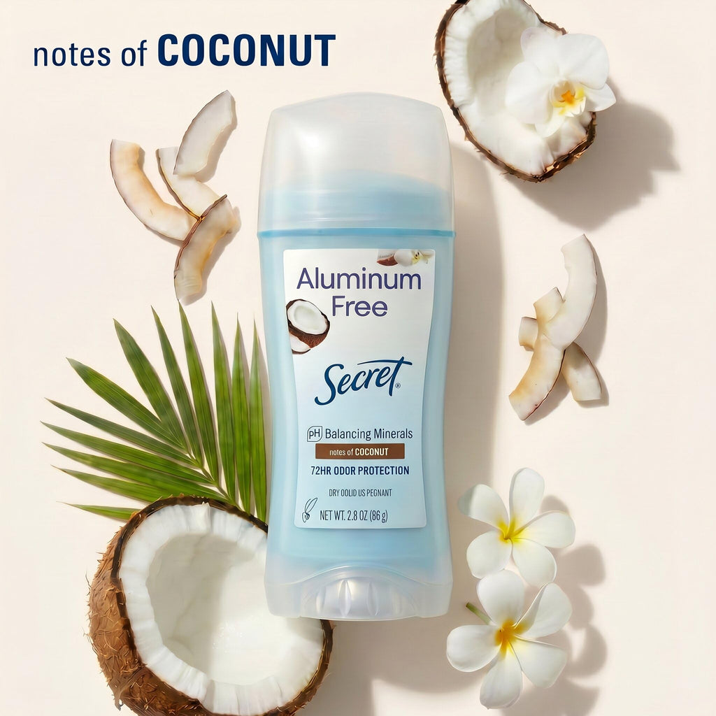 Secret Aluminum Free Deodorant for Women, 48hr Odor Protection, Naturally Derived Ingredients, Free of Parabens Dyes Talc & Baking Soda, PH Balanced, Dry Solid, Coconut Scent, 2.4 oz (Pack Of 3)