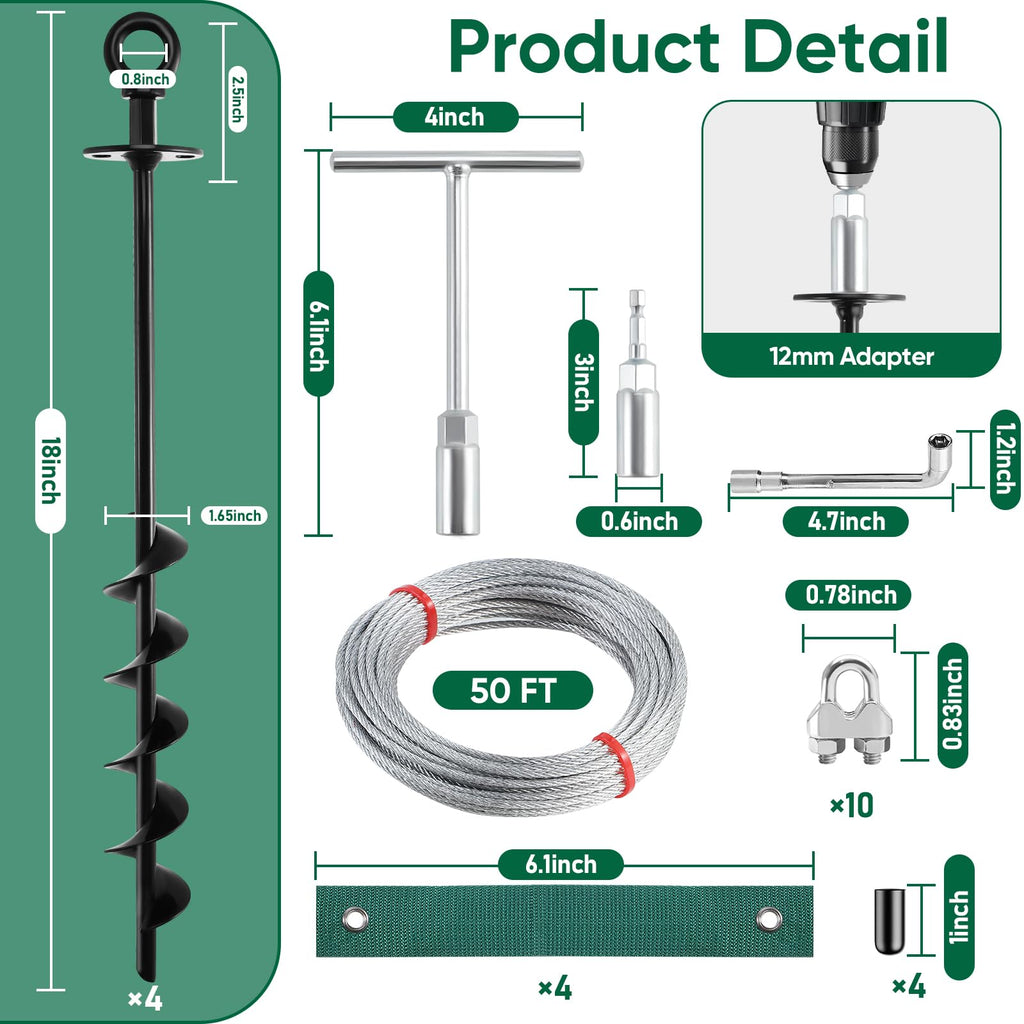 18'' Ground Anchors Screw in Heavy Duty, Shed Anchor Kit with Straps & Steel Cable & Tools, Earth Anchors for Mobile Home, Carports, Swing Set, Tree, Trampoline - Secure Against High Winds(4)