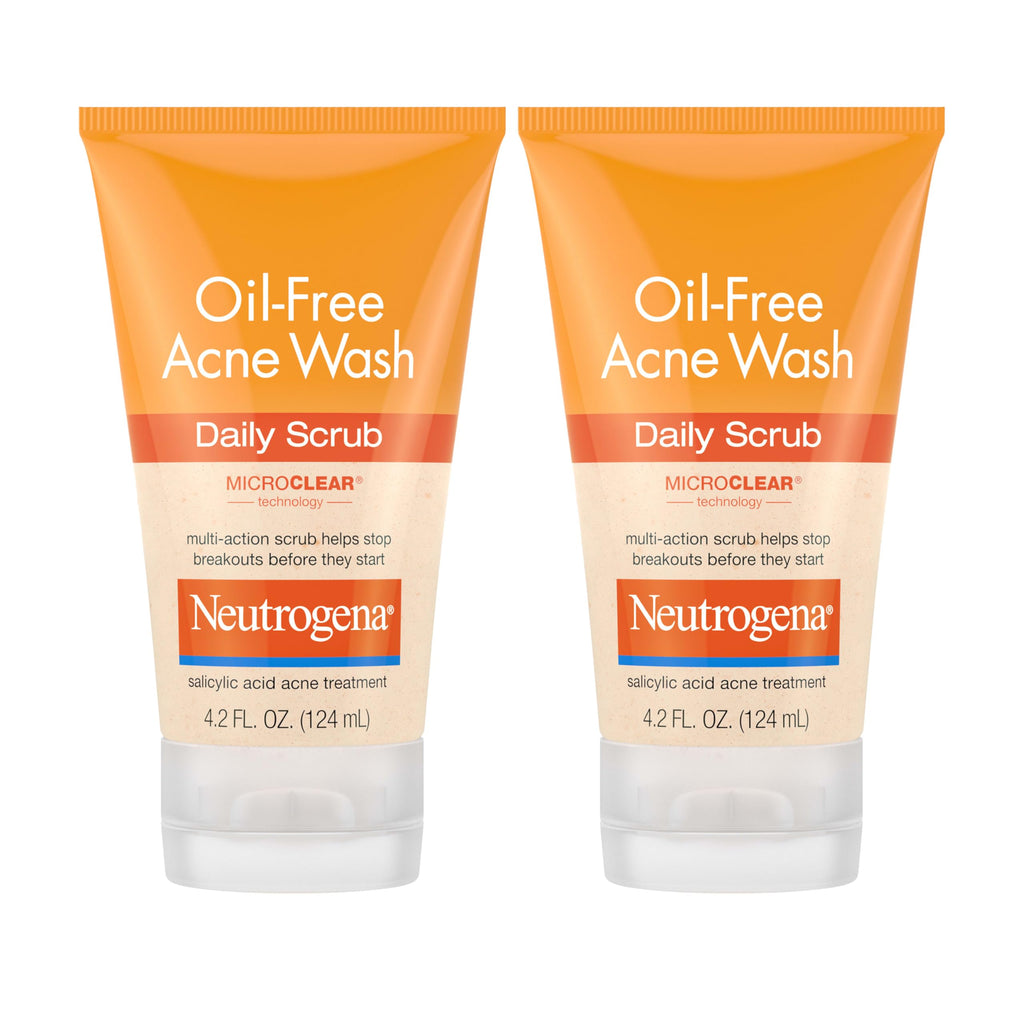 Neutrogena Oil Free Daily Acne Face Scrub, 2 x 4.2 oz | 2% Salicylic Acid Cleanser, Daily Exfoliating Scrub & Acne Treatment, Oily Acne-Prone Skin, Clears Breakouts & Blackheads