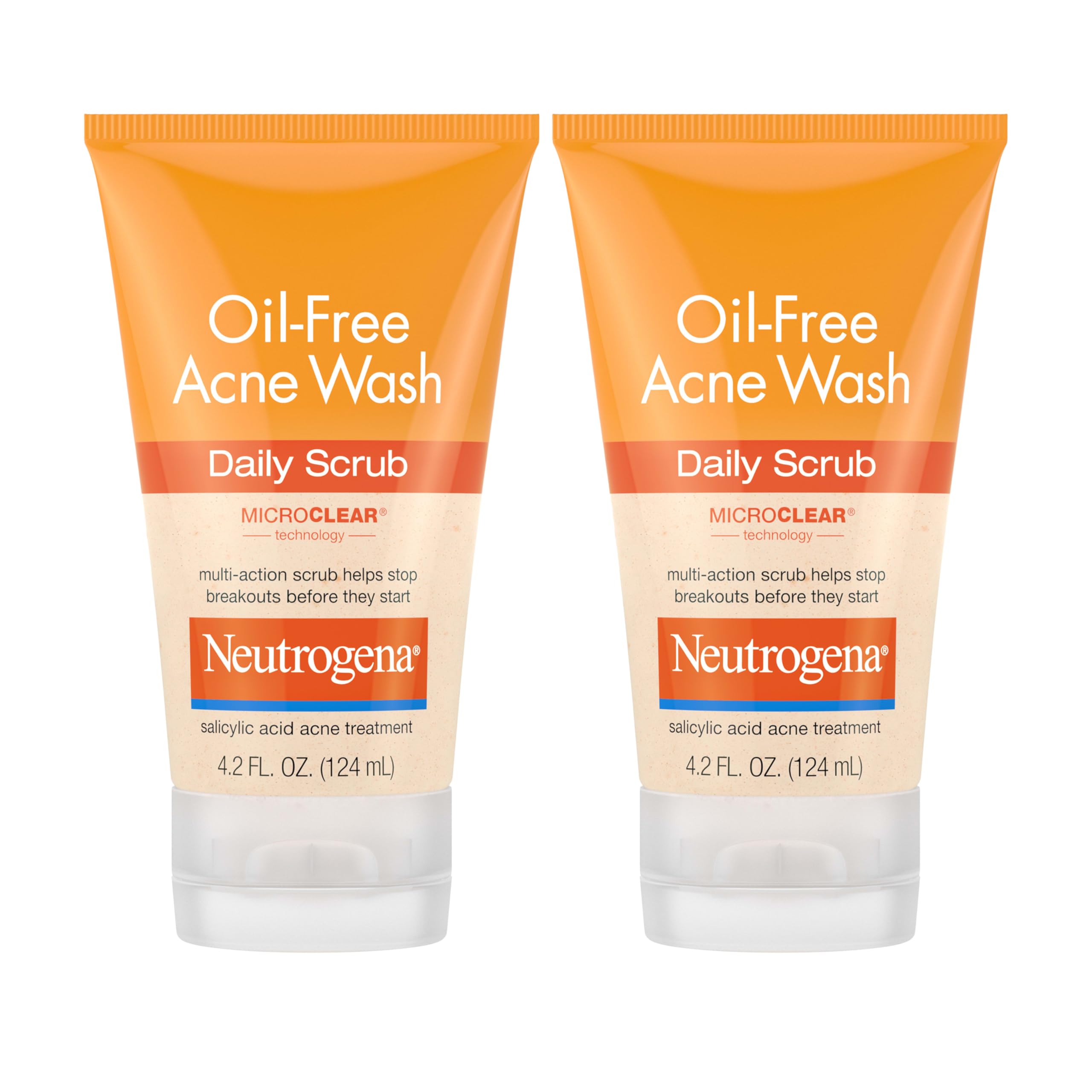 Neutrogena Oil Free Daily Acne Face Scrub, 2 x 4.2 oz | 2% Salicylic Acid Cleanser, Daily Exfoliating Scrub & Acne Treatment, Oily Acne-Prone Skin, Clears Breakouts & Blackheads