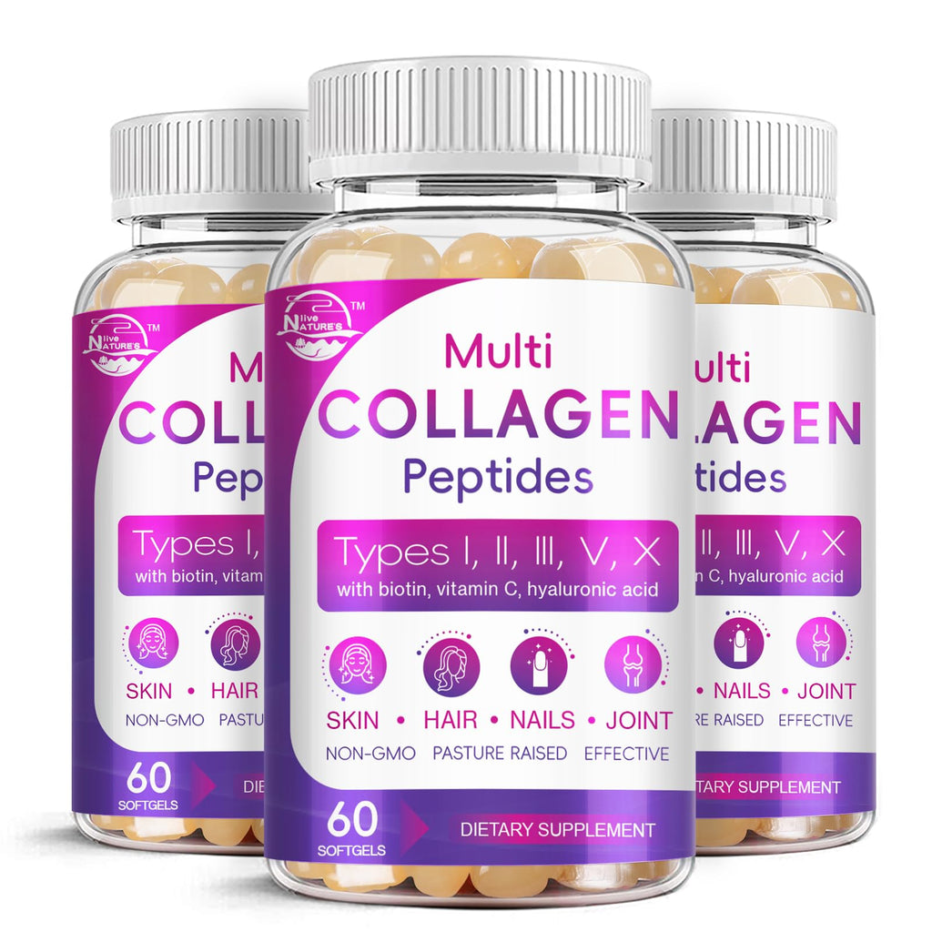 Nature's live Multi Collagen Peptides Softgel - Type I, II, III, V, X | Hydrolyzed Collagen Peptides with Biotin, Hyaluronic Acid, Supports Skin Hair Nail, Grass-Fed, 60 Softgels, 2 Pack