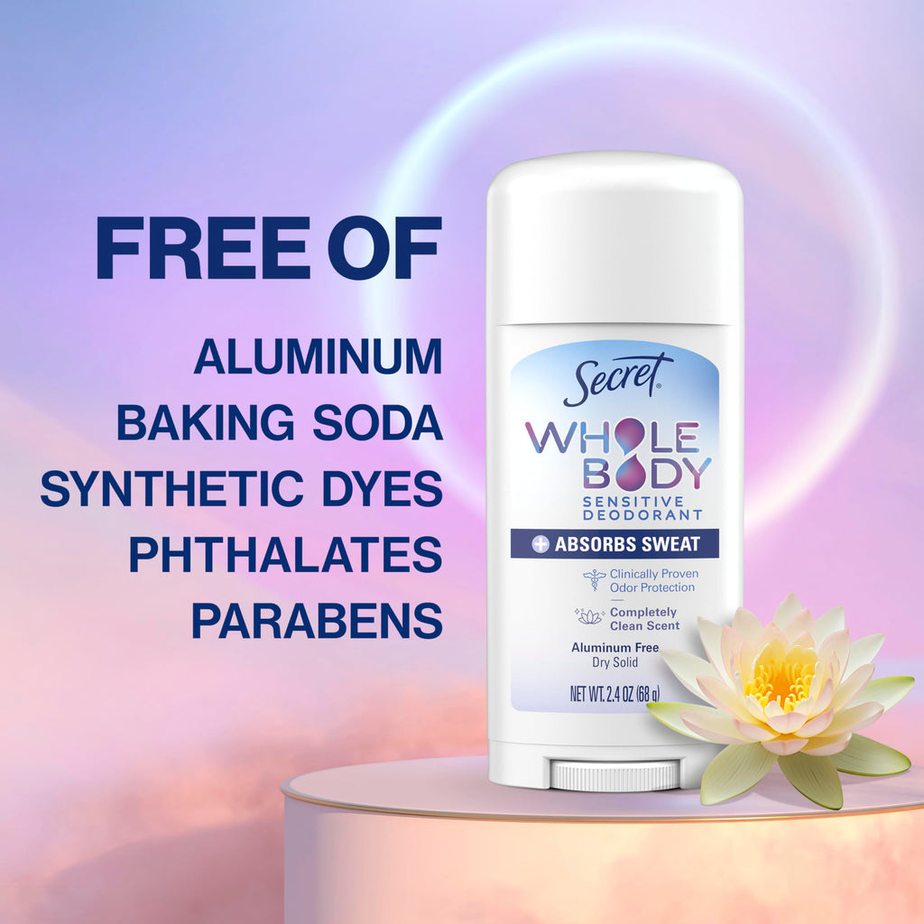 Secret Whole Body Deodorant Dry Feel Stick + Absorbs Sweat for Women, Naturally Derived Ingredients, Completely Clean Scent, Aluminum Free Deodorant Stick, 72 HR Odor Protection, 2.4 oz