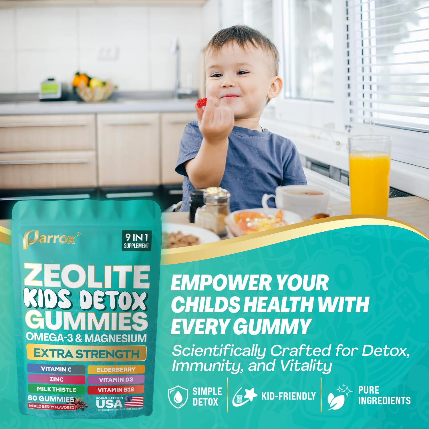 Zeolite Kids Detox Gummies, 9-in-1 Sugar-Free, Mixed Berry, 2 Pack | Extra Strength with Zeolite, Omega-3, Magnesium, Elderberry, Vitamin C, Milk Thistle, Vitamin D3, Zinc, B12