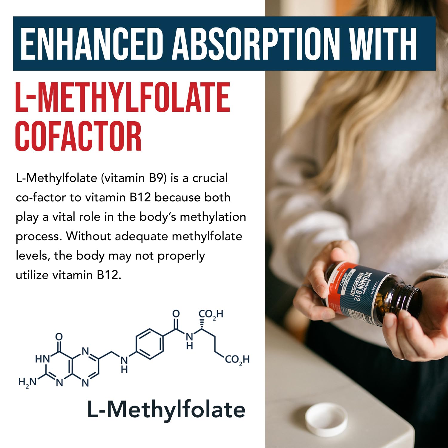 BioActive Vitamin B12 - 5000 mcg, Contains 3 BioActive Forms Methylfolate Cofactor - Methyl B12, Adenosyl B12 & Hydroxy B12 | Supports Energy, Metabolism & Mood | Vegan, Non-GMO (60 Servings)