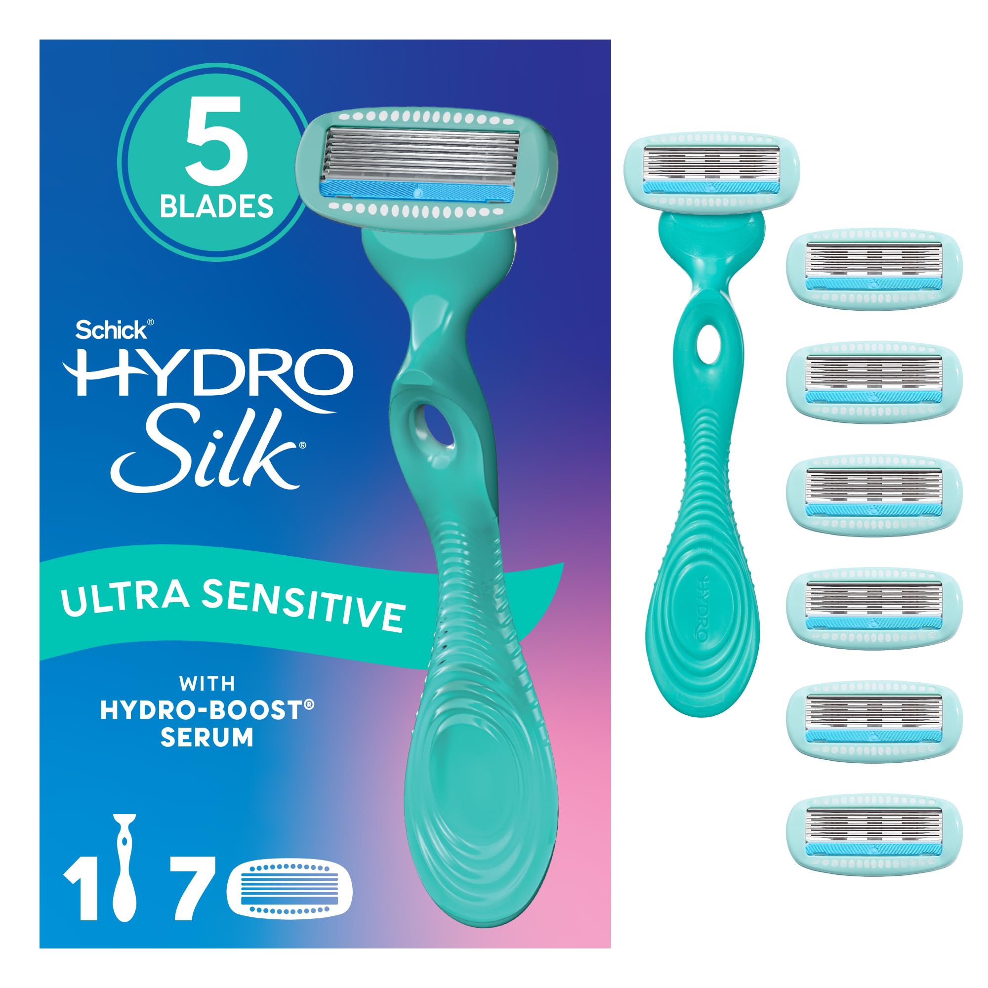 Schick Hydro Silk Ultra Sensitive Razor for Women | Womens Razor for Sensitive Skin, 5 Blade Razors for Women, Womens Razors for Shaving, Includes 1 Handle & 7 Refills