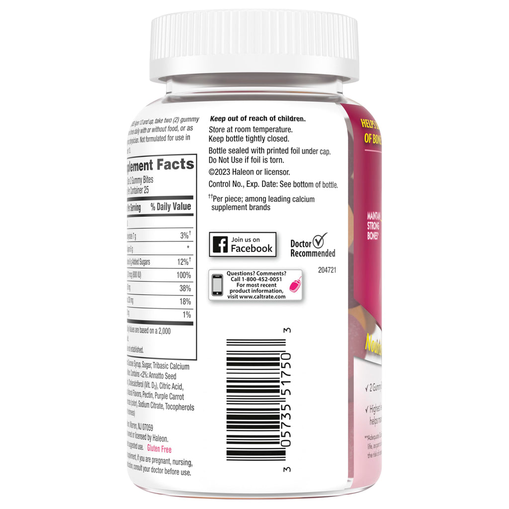 Caltrate Gummy Bites 600 Plus D3 Vitamin D and Calcium Supplement, 50 Count | Highest Level of Vitamin D3, Maximizes Calcium Absorption to Support Strong Bones and Daily Function