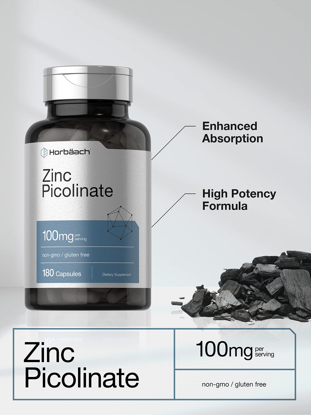 Horbäach Zinc Picolinate 100mg | 180 Capsules | High Potency