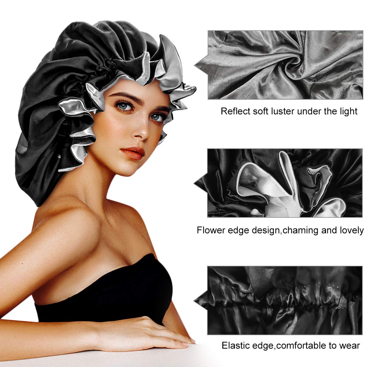 Buy now Silk Bonnets for Women,Double Layer Extra Large Satin Sleeping Cap with Elastic,Satin Bonnet for Curly Hair,Satin Cap for Natural Hair, Women Girl(Black) at indiglob india