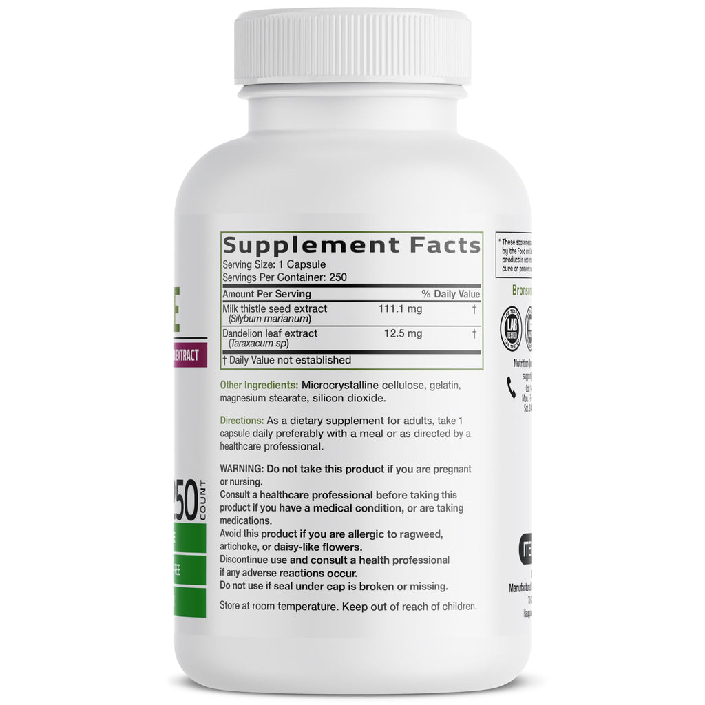 Buy now Bronson Milk Thistle Silymarin Marianum & Dandelion Extract Liver Health Support, Antioxidant Support, Detox, 250 Capsules at indiglob india