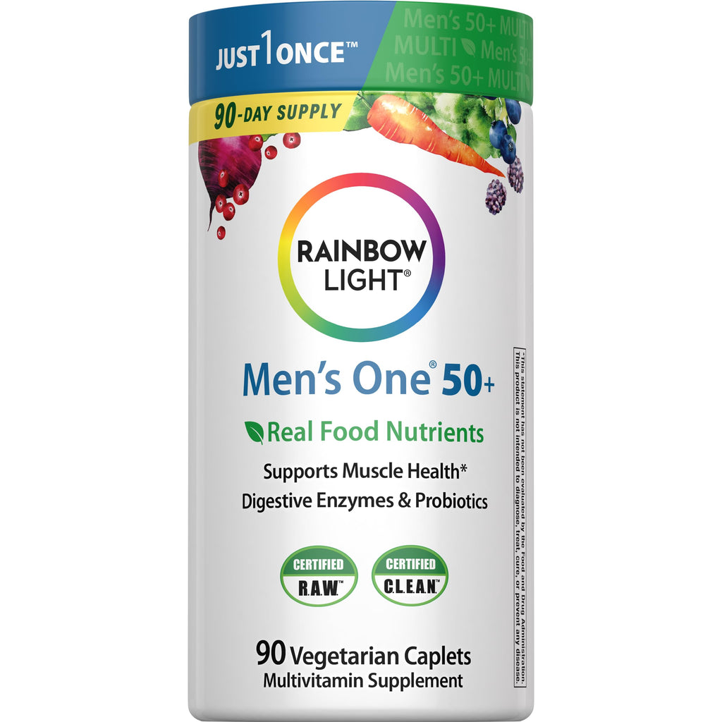 Rainbow Light Mens Multivitamin One + for 50 Plus | 60 Caplets | Supports Muscle Health | with Vitamins C, D, and Zinc | Real Food Nutrients, Digestive Enzymes & Probiotics