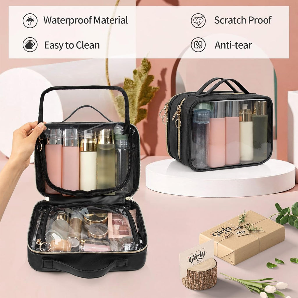 Buy now OCHEAL Makeup Bag, Double Layer Cosmetic Bag, Large Capacity New Look Clear Cosmetic Case for Women Travel Beauty Essentials, Multiple Compartments Makeup Case Organizer Zipper Pouch -Black at indiglob india