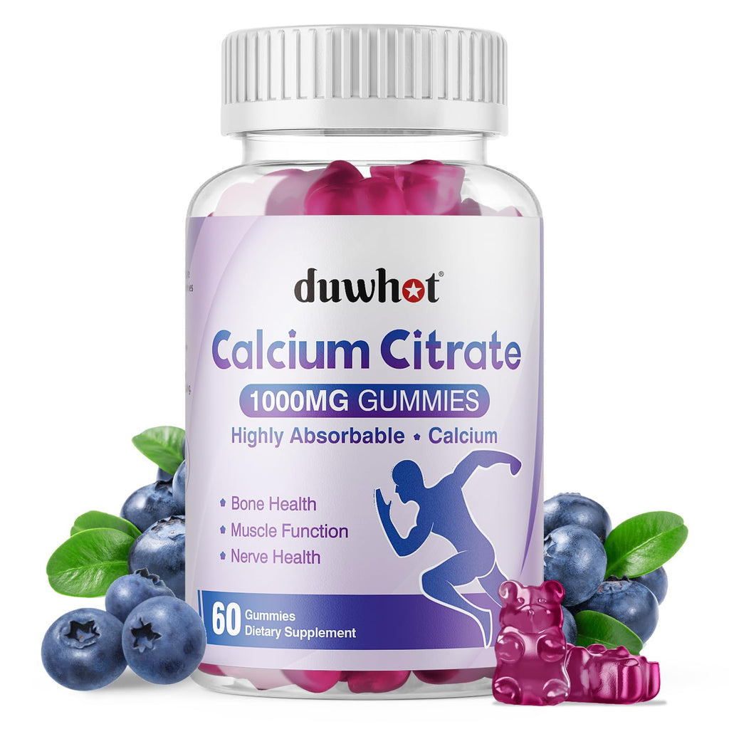 duwhot Calcium Citrate Gummies, Chewable Calcium 1000mg for Women, Men Kids | High Absorption Calcium Minerals Supplements for Bone, Muscle & Immune Support, Blueberry Flavor, Vegan, Organic, 60 Chews