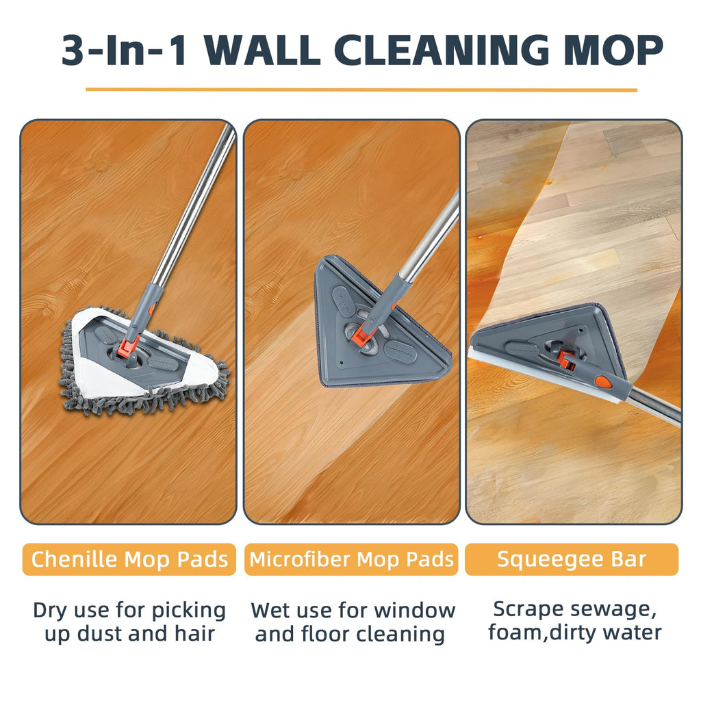 Long Handle Wall Mop & Baseboard Cleaner - Multi-Surface Dusting Tool for Walls, Floors, Baseboards - Wet/Dry Cleaning Mop with Adjustable Handle (Home & Kitchen Use)