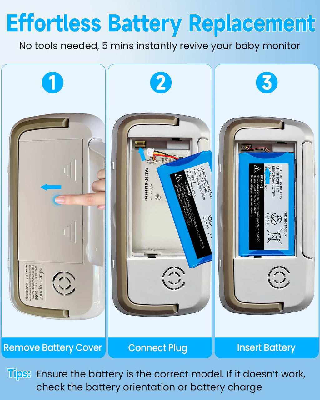 Battery Replacement for Infant Optics DXR-8 Pro Battery - 2800mAh Rechargeable Battery Compatible with DXR-8 PRO & PRO SS Video Baby Monitor / Model SP 554478 - 3.85V / 10.78Wh (Not Work with DXR-8)