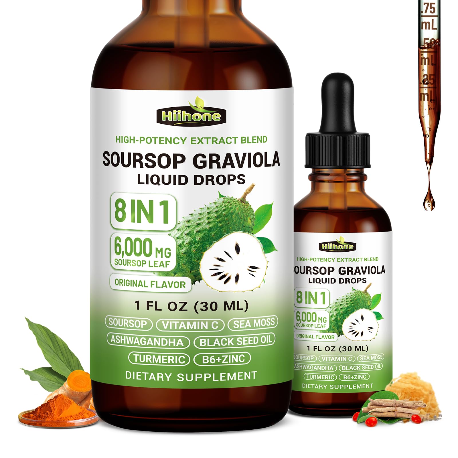 Herbs 8-in-1 Soursop Graviola Bitters Liquid Drops, 1 fl oz | Soursop Leaf Extract Drops, Sea Moss, Ashwagandha & Turmeric, Immune, Liver, Antioxidant & Sleep Support, Alcohol-Free