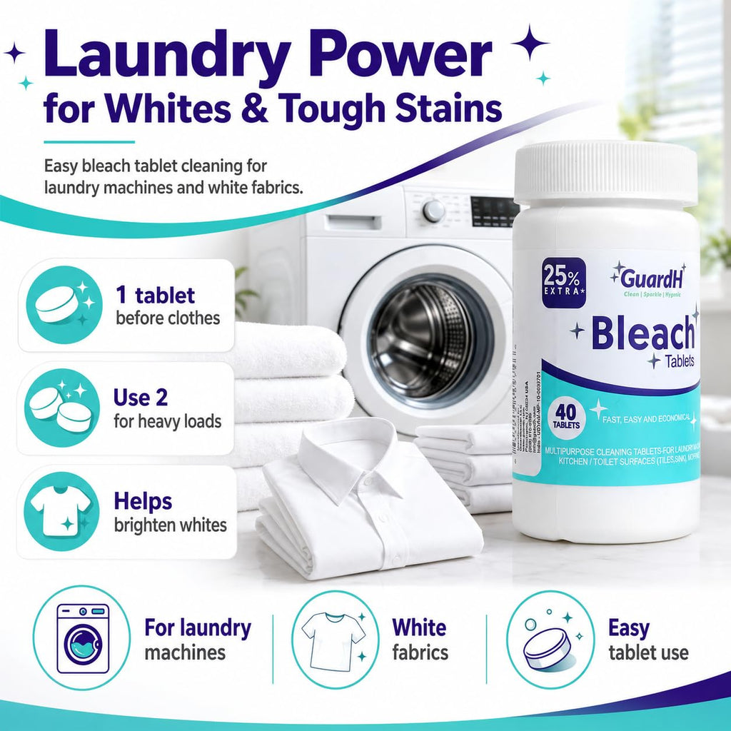 Bleach Tablets for Laundry & Household Cleaning – 40 Count Fast Dissolving Bleach Tabs for Washer, Toilet, Bathroom & Kitchen – Liquid Bleach Alternative – GuardH