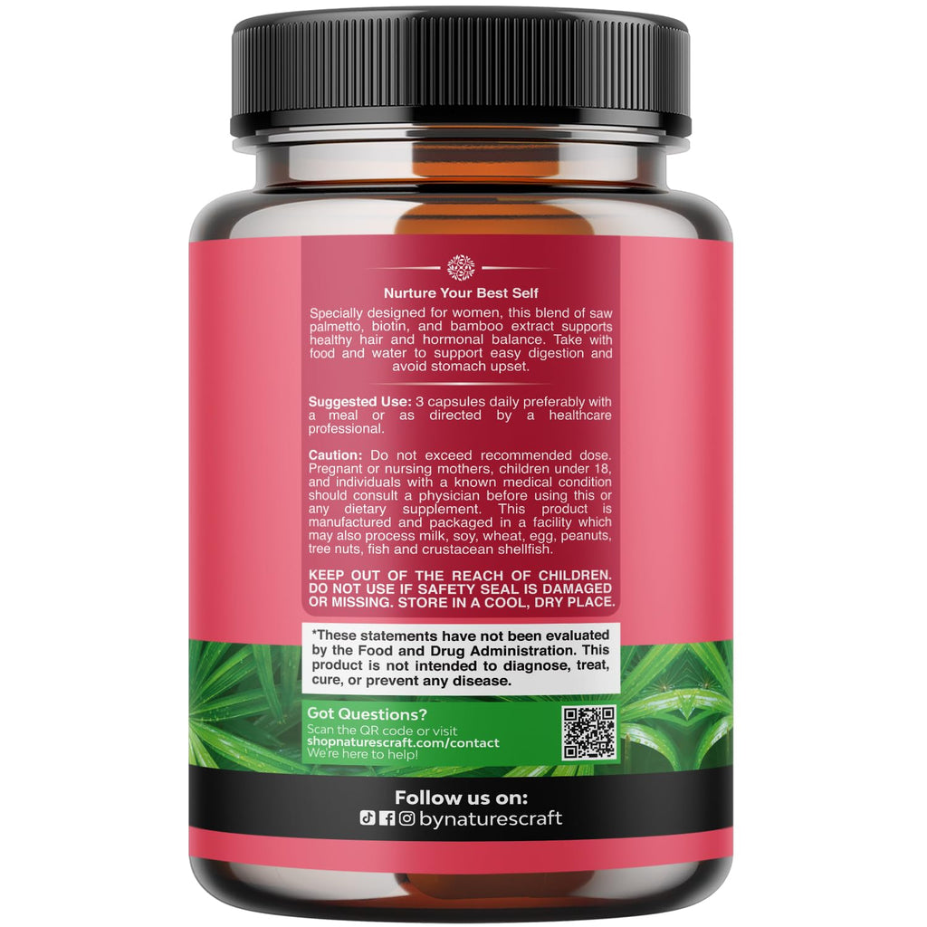 Saw Palmetto for Women - Hair Support - 90 Capsules | Hair Growth Support for Women - 500mg Saw Palmetto Capsules w Biotin - Bamboo Extract & Maca Root for Hair Health - 90 ct