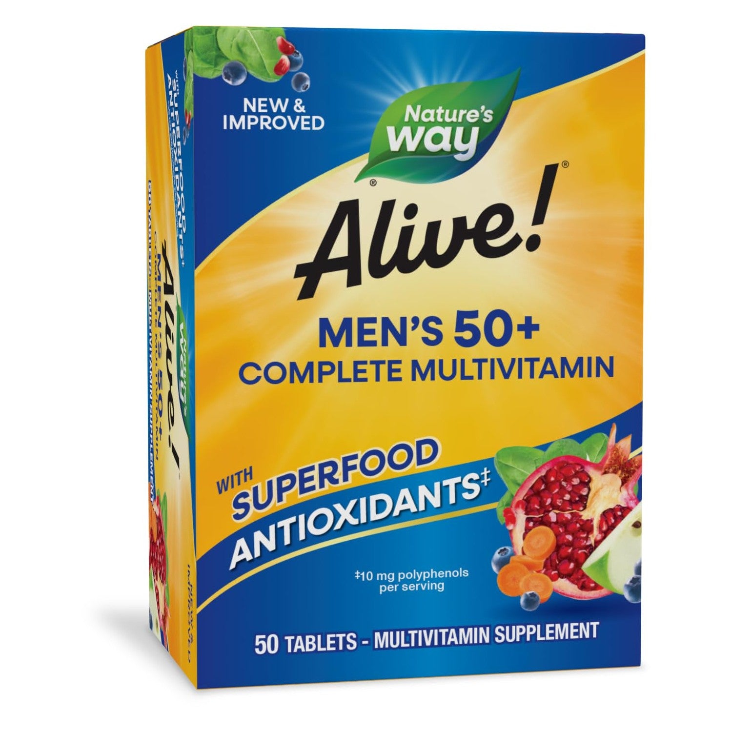Nature's Way Alive! Men’s 50 Plus Multivitamin Complete Tablets, 50 ct | Daily Multivitamin for Men Over 50, Supports Cellular Energy Metabolism, Heart, Muscle & Eye Health*, High Potency Vitamins