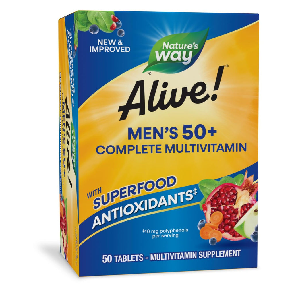Nature's Way Alive! Men’s 50 Plus Multivitamin Complete Tablets, 50 ct | Daily Multivitamin for Men Over 50, Supports Cellular Energy Metabolism, Heart, Muscle & Eye Health*, High Potency Vitamins