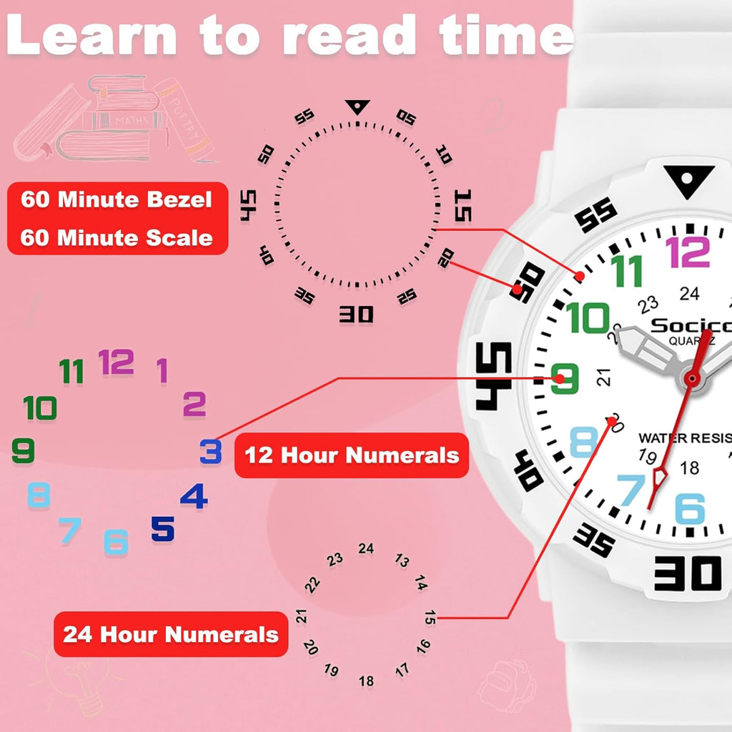 Buy now SOCICO Children Analog Watch for Boys Girls Waterproof Time Teaching Watch with Soft Band, Learning Time Wrist Watch Easy to Read Christmas Gifts for Kids Ages 3-12 Great Gifts at indiglob india