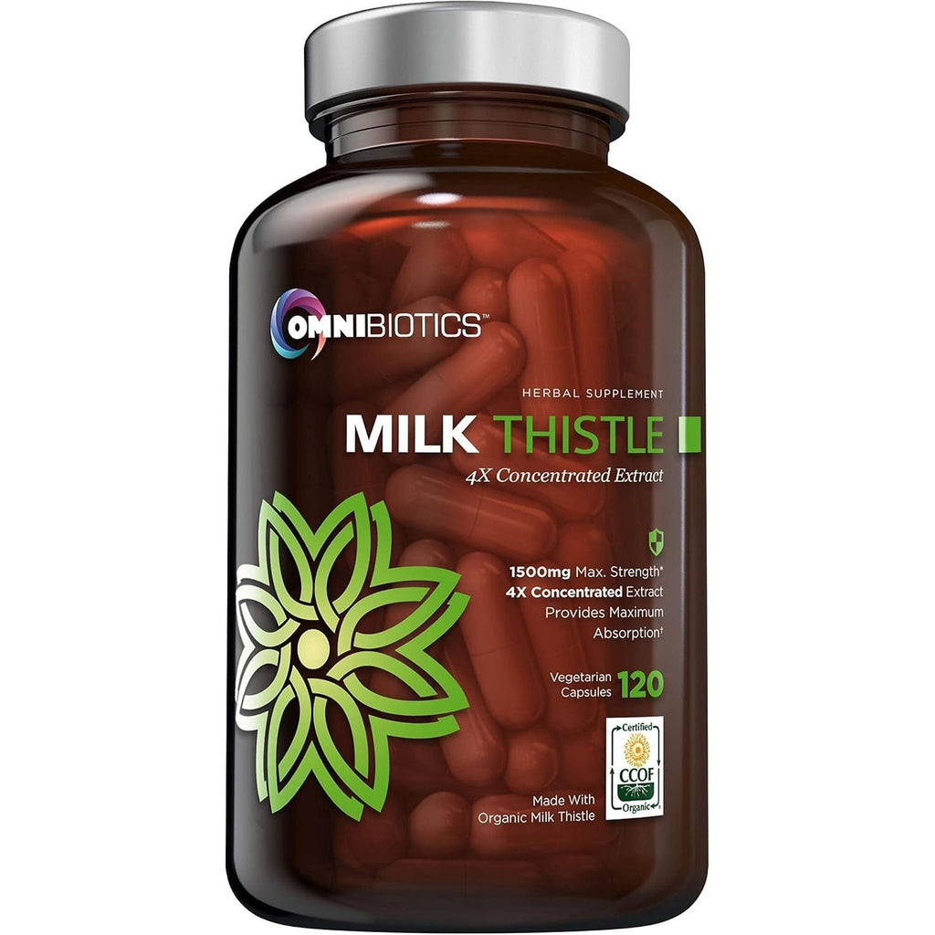 Buy now OmniBiotics Organic Milk Thistle Supplement 1500mg â€“ 4X Concentrated Extract with Silymarin â€“ High Potency Liver Detox & Support â€“ 120 Vegan Capsules at indiglob india