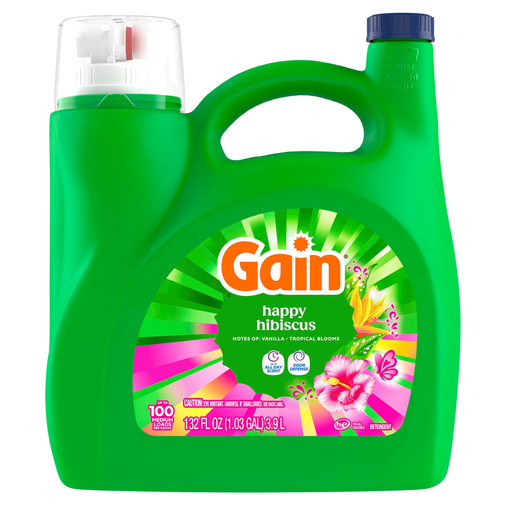 Gain Liquid Laundry Detergent, With Odor Defense, Happy Hibiscus Scent, Laundry Soap For HE Washing Machines, 132 fl oz, 100 Loads (Packaging May Vary)