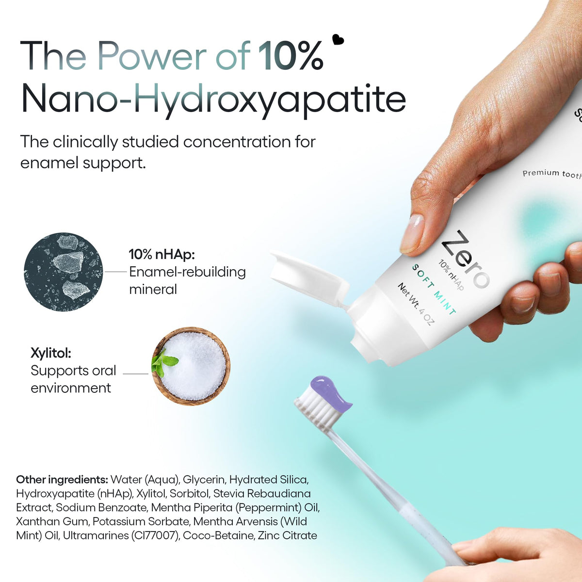 Something Nice Zero Toothpaste - 10% Nano Hydroxyapatite Toothpaste Fluoride Free, Remineralizing, Enamel Repair and Natural Whitening, Suitable for Sensitive Teeth, Adults & Kids Oral Care, Mint, 4oz