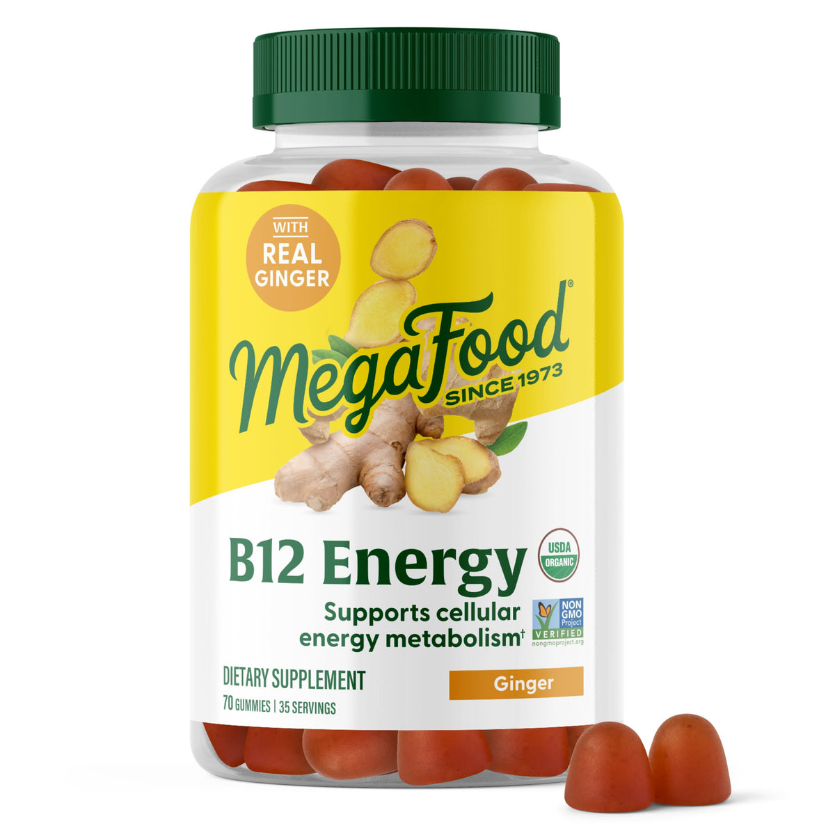MegaFood Vitamin B12 Energy Gummies, USDA Organic, Ginger, 70 Gummies