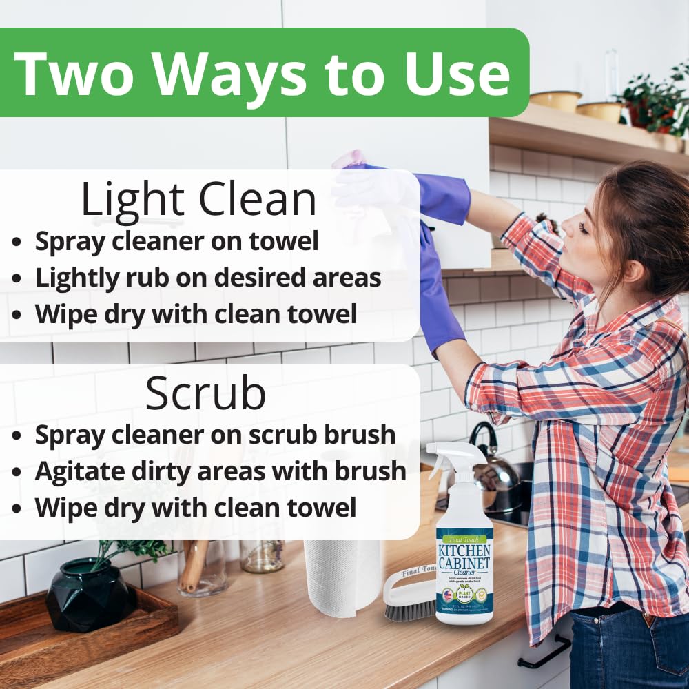 Kitchen Cabinet Cleaner and Degreaser - Plant Based Grease Remover for Wood, Painted and White Cabinets - Cleans, Restores, Protects Finishes, Streak Free, 32oz with Scrub Brush by Final Touch