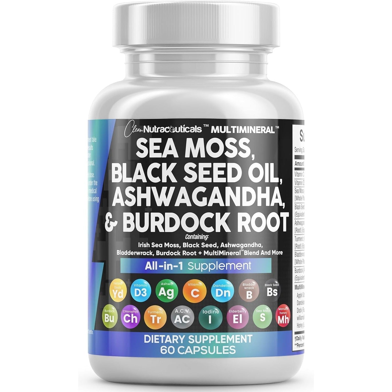 Clean Nutraceuticals Sea Moss Black Seed Oil Ashwagandha Turmeric Bladderwrack Burdock & Vitamin C Vitamin D3 with Elderberry Manuka Dandelion Yellow Dock Iodine Chlorophyll ACV