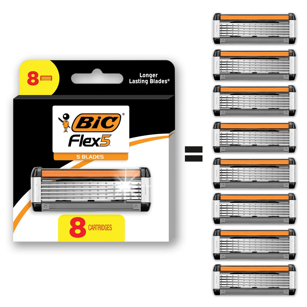 BIC Flex 5 Men's Refillable 5-Blade Razors with 7 Cartridges | Lubricating Strip with Aloe and Vitamin E, Pivoting Head, Precision Edging Blade, 8-Piece Shaving Kit