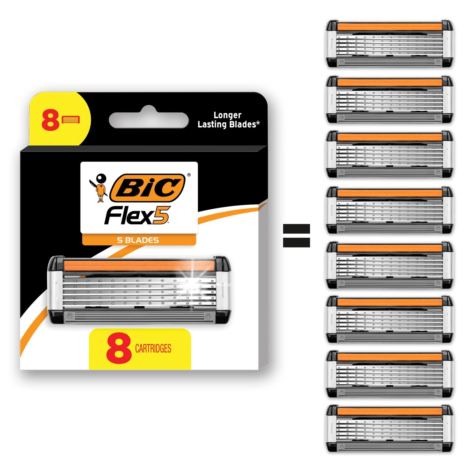 BIC Flex 5 Men's Refillable 5-Blade Razors with 7 Cartridges | Lubricating Strip with Aloe and Vitamin E, Pivoting Head, Precision Edging Blade, 8-Piece Shaving Kit