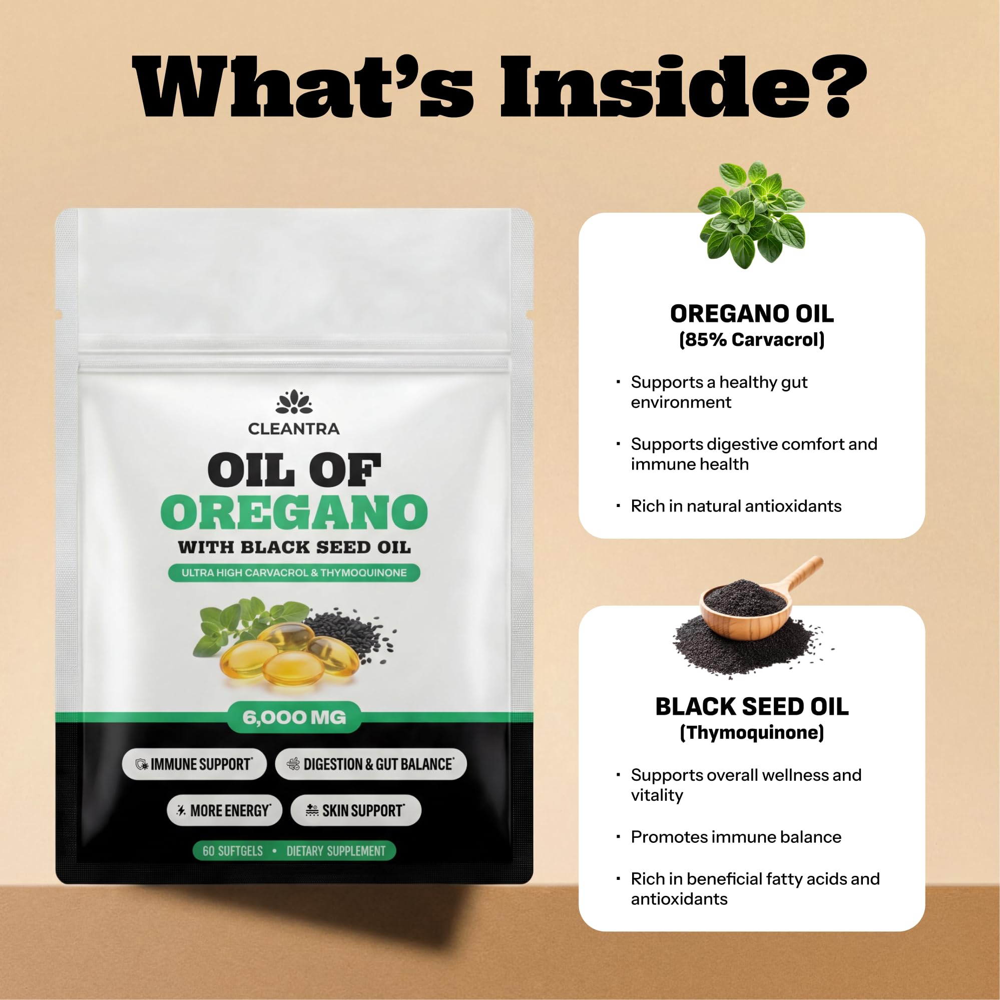 Oil of Oregano with Black Seed Oil – Softgels for Gut Support | Gut, Immune & Antioxidant Support, 6000mg