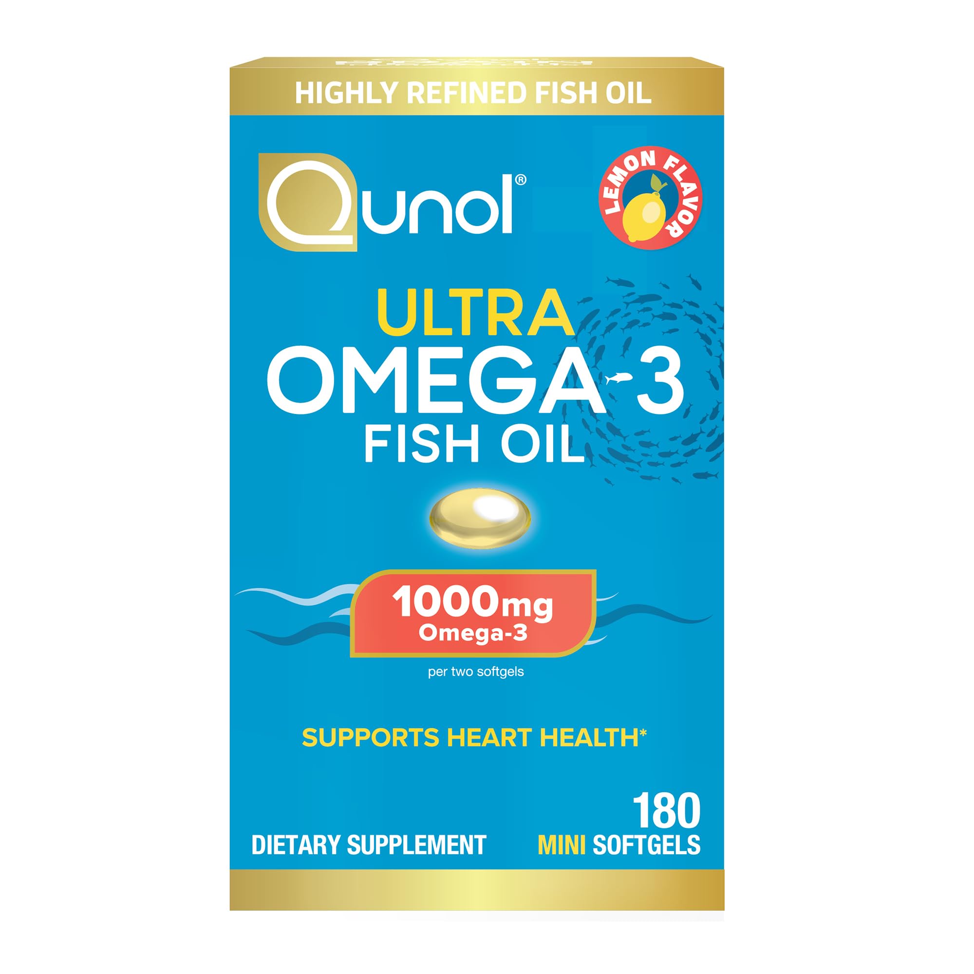 Qunol Ultra Omega-3 Fish Oil Mini Softgels, 1000mg EPA + DHA, 180ct | High Potency, Ultra-Purified Fish Oil, Support Heart Health and Brain Health, Lemon Flavor, Easy to Swallow Minis; Non-GMO
