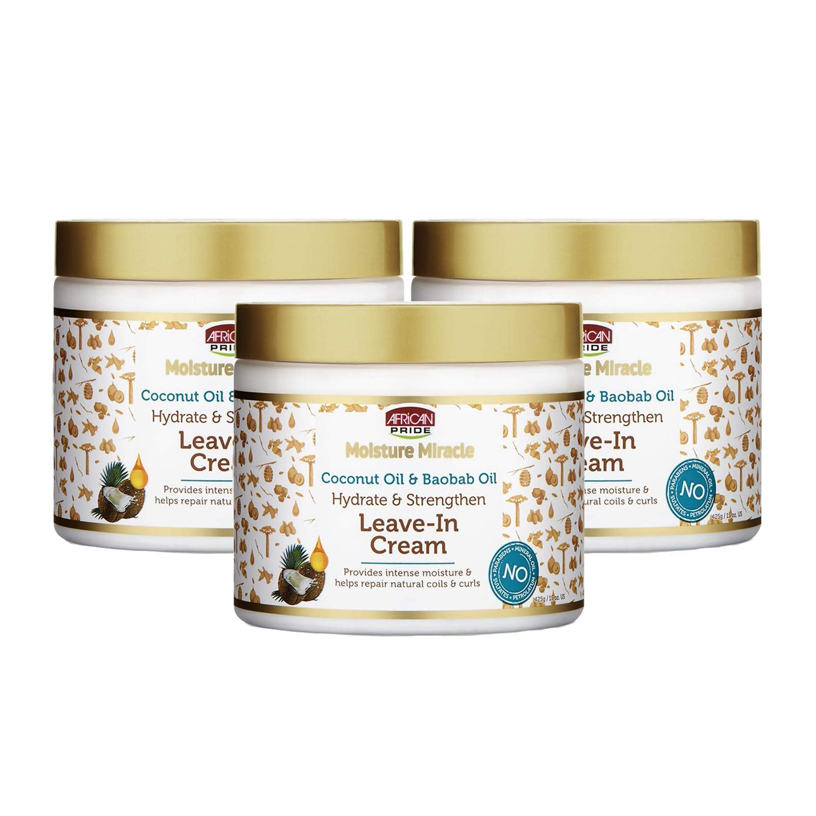 African Pride Moisture Miracle Coconut Oil & Baobab Oil Leave-In Hair Cream (3 Pack) - Provides Intense Moisture & Helps Repair Natural Coils & Curls, Hydrates & Strengthens, 18 oz