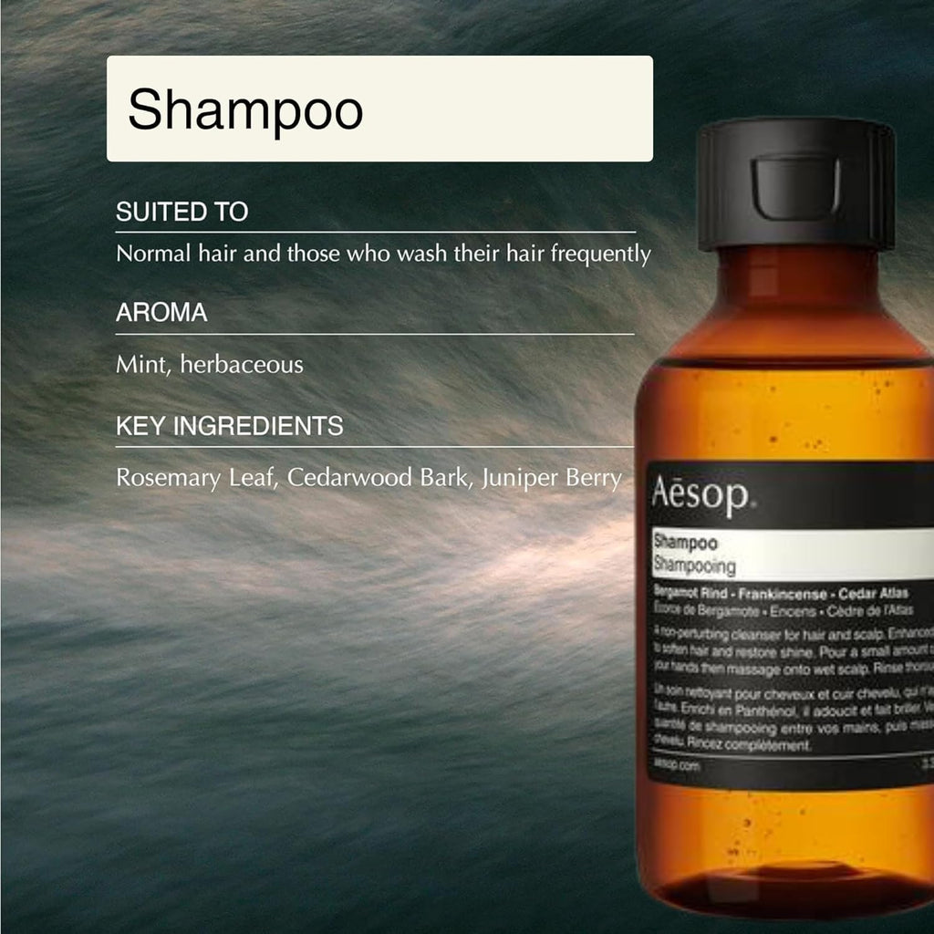 Aesop Arrival Travel Shower Set (4-Piece) Hair & Body Care Kit – Shampoo, Conditioner, Geranium Leaf Body Cleanser & Rind Concentrate Body Balm – 1.7oz/50mL Each – Gift Set with Reusable Canvas Bag