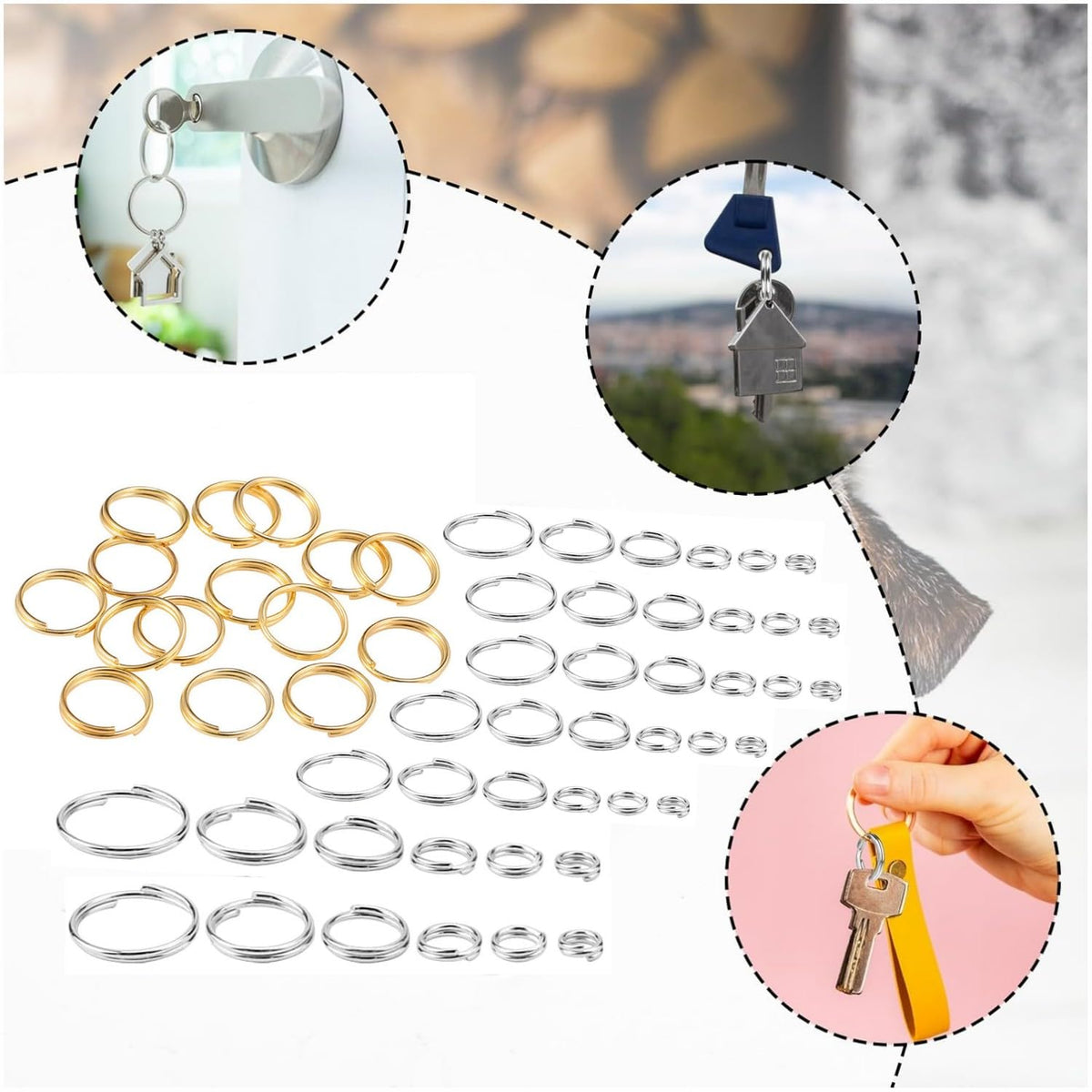 6 Size Gold and Sliver Jump Rings,Double Loops Round Split Small and Medium Key Chain Ring for Jewelry Making and Keychain Home Car Dog tag Rings DIY Crafts