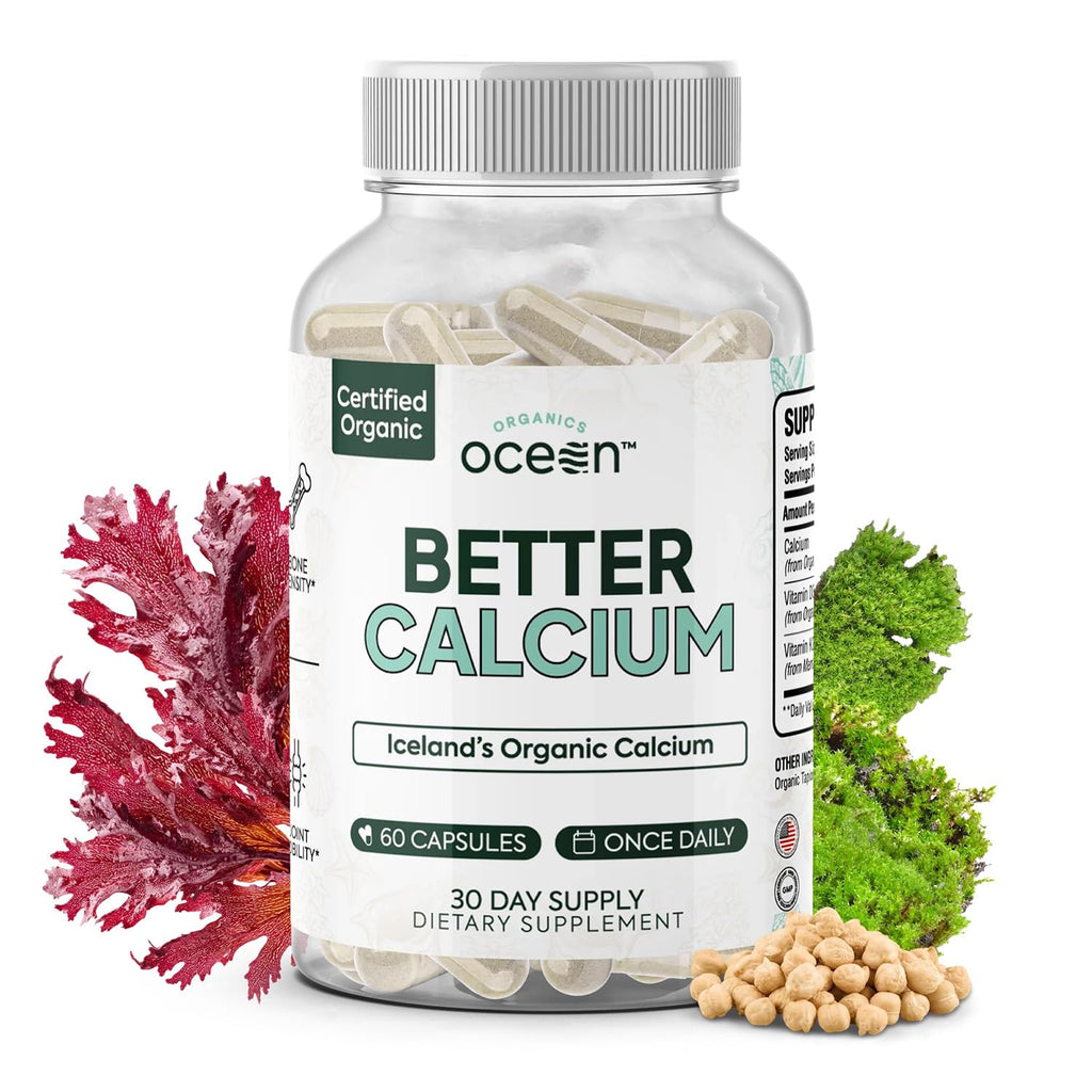 Organics Ocean Better Calcium - Organic Red Algae Calcium with Vitamin D3 and K2 Supplements - Supports Bone Structure, Joint Comfort & Encourages Healthy Aging - Plant-Based, Non-GMO - 6 Pack