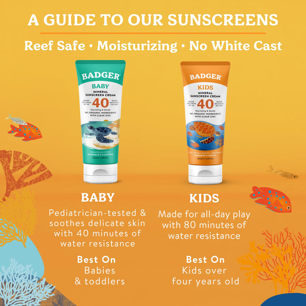 Badger Kids Mineral Sunscreen Cream SPF 40, 98% Organic Ingredients, Zinc Oxide Sunscreen for Kids Face & Body, Water Resistant, Reef Friendly, Hawaii Approved Broad Spectrum Sunblock, 2.9 fl oz