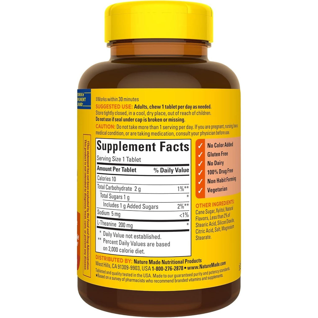 Nature Made Chewable L Theanine 200mg, L-Theanine Supplement for Stress Relief, 50 Chewable Tablets, 50 Day Supply (Pack of 2)