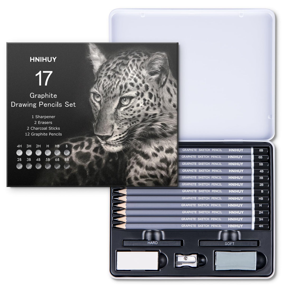 HNIHUY Sketch Drawing Pencils Set, 17 Pcs, Graphite Pencils (8B-4H)