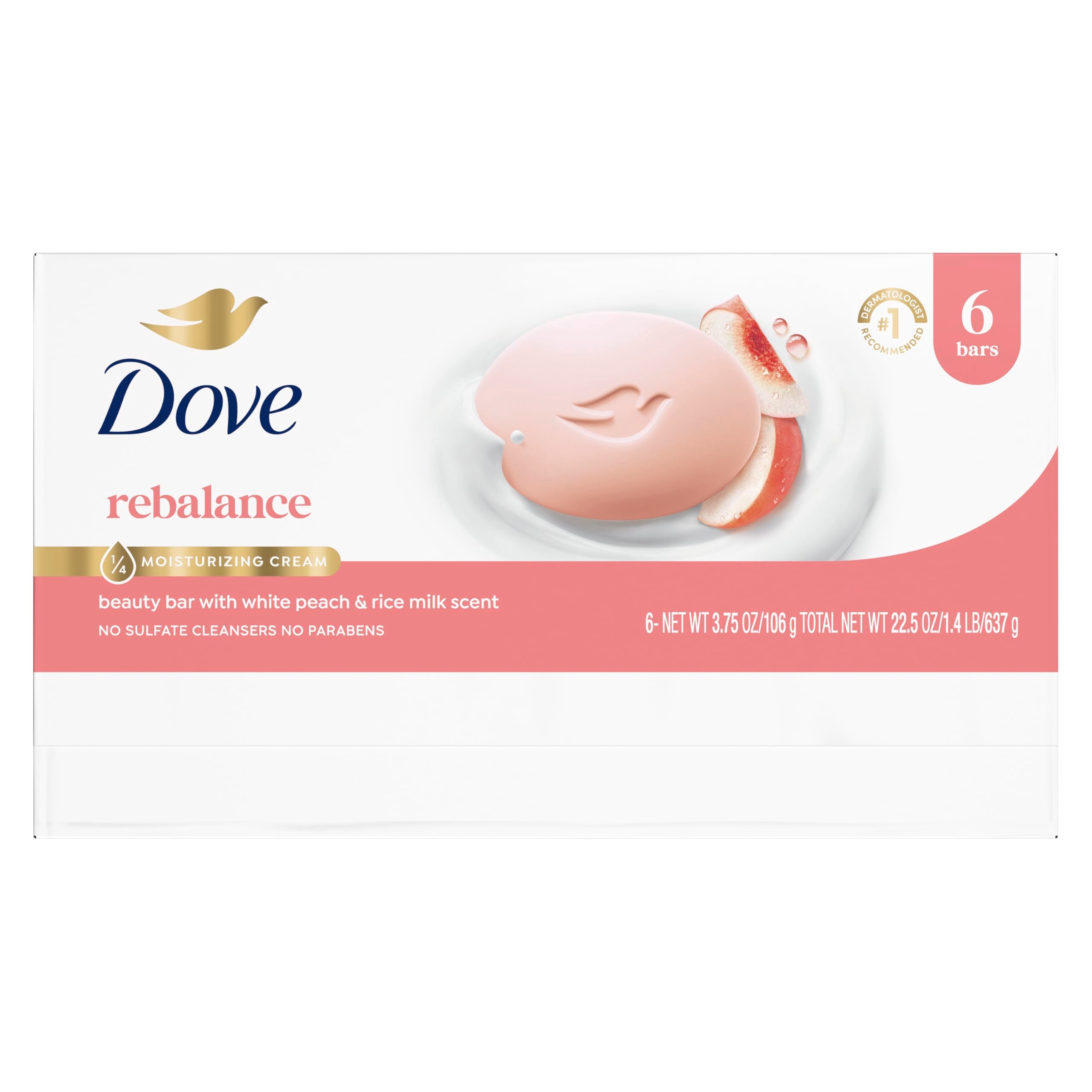Dove Rebalancing Beauty Bar Soap 6 Count, White Peach & Rice Milk, 3.75 oz | Plant-based beauty bar with white peach and rice milk for soft, moisturized skin
