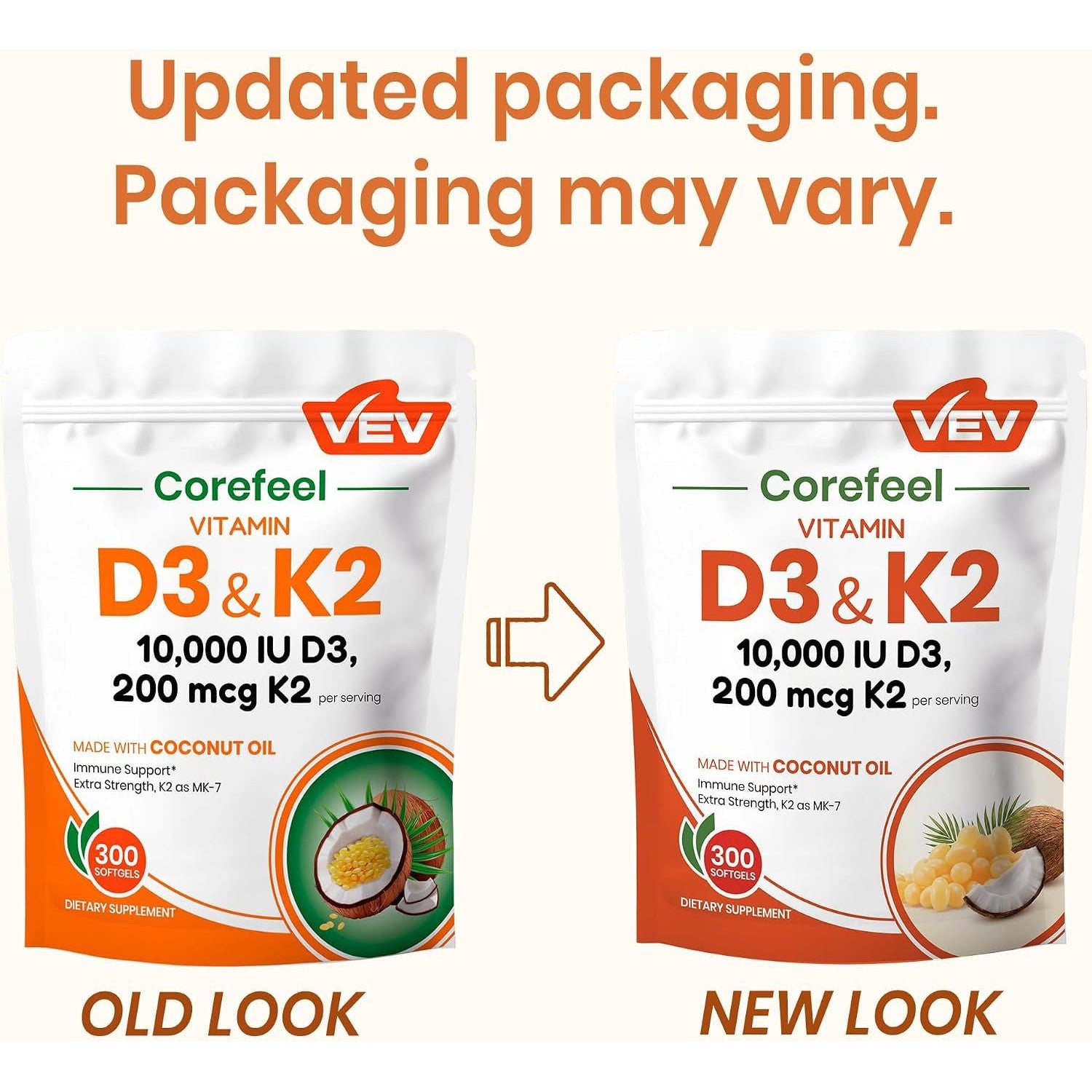 VEV Corefeel Vitamin D3 K2 10,000 IU, 200 mcg MK-7, 300 Coconut Oil Softgels