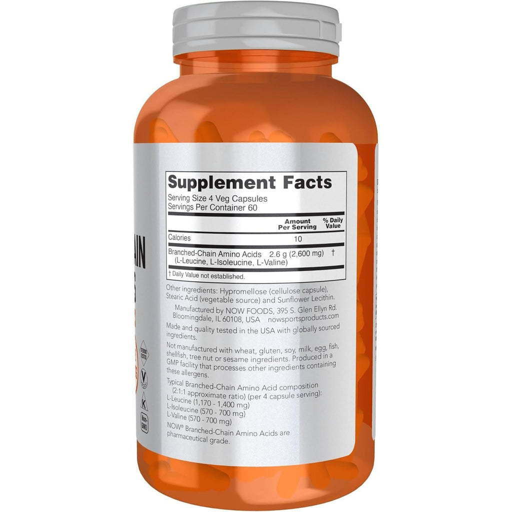 Buy now NOW Foods Sports Nutrition, Branched Chain Amino Acids, With Leucine, Isoleucine and Valine, 240 Veg Capsules at indiglob india