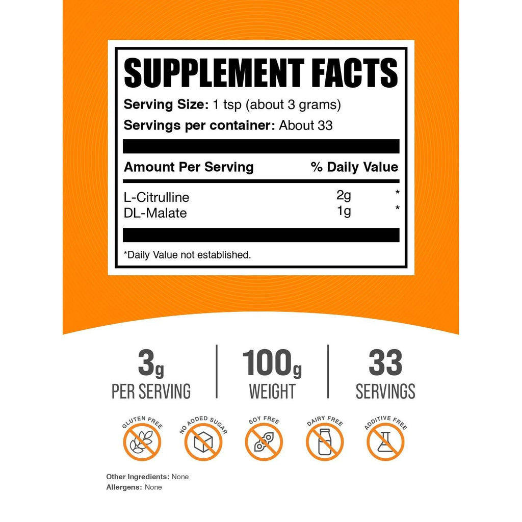 BulkSupplements.com L-Citrulline Malate 2:1 Powder - Nitric Oxide Boost, Citrulline Malate Supplement - Unflavored & Gluten Free - 3g per Servings, 100g (3.5 oz) (Pack of 1)