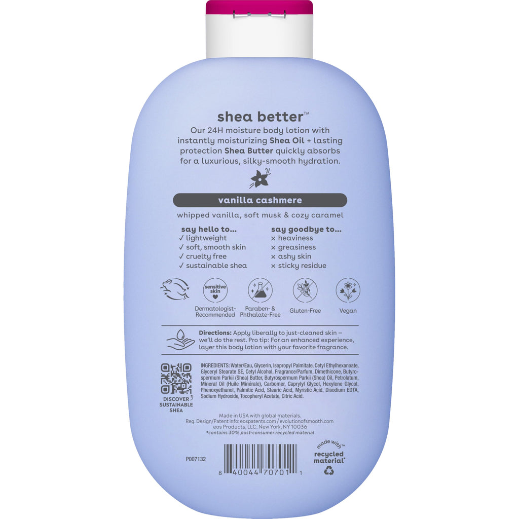 eos Shea Better Body Lotion Vanilla Cashmere, 24-Hour Moisture Skin Care, Lightweight & Non-Greasy, Natural Shea, Vegan, Vanilla Body Lotion, 16 fl oz