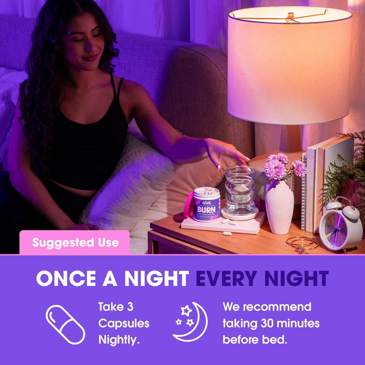 Obvi Collagenic Burn PM | Nighttime Collagen Peptides for Sleep & Recovery | 5 Types Collagen + Ashwagandha, GABA & Melatonin | CapsiBurn Metabolic Support | 90 Capsules | Made in USA