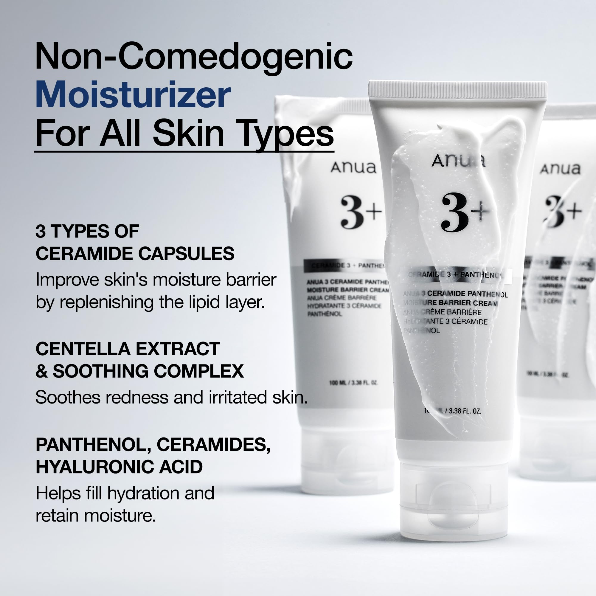 ANUA 3 Ceramide Panthenol Moisture Barrier Cream, 3.38 fl oz | Hydrating Daily Face Moisturizer for All Skin Types, Soothing, Non Comedogenic, with Centella for Skin Barrier