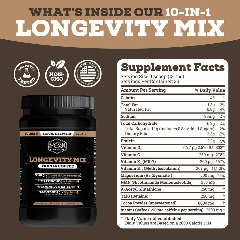 Black Forest Longevity Mix Liquid NAD+ Alternative Mocha Coffee 10-in-1 with NMN 250mg, Glutathione 250mg, TMG, Magnesium Glycinate, Vitamins D3 K2 C B12, High Polyphenol Cocoa, 30 Servings