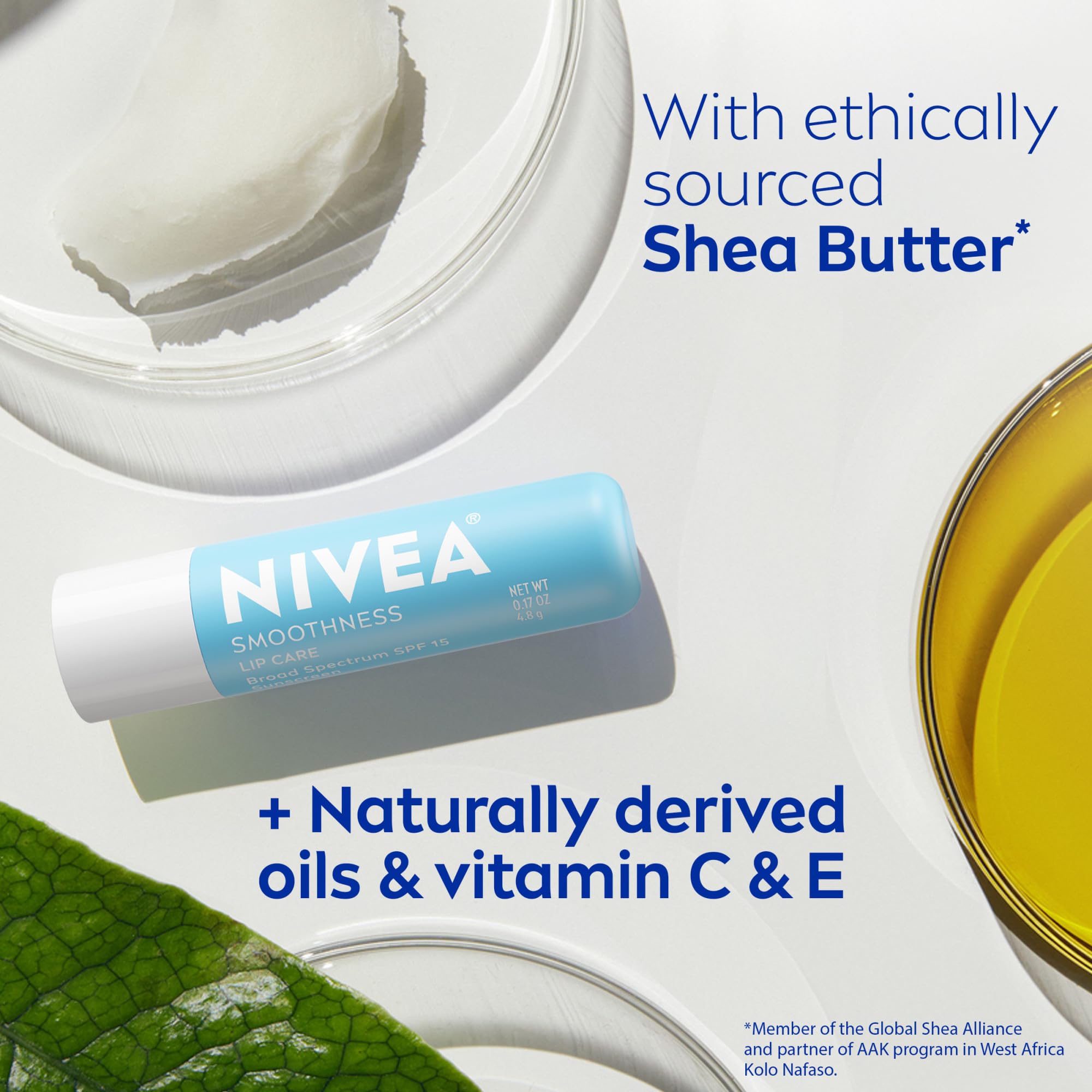 NIVEA Smoothness Lip Care, Sunscreen Lip Balm with SPF 15, 4 x 0.17 OZ | Sunscreen Lip Balm with SPF 15, Shea Butter, Nourishing Oils and Vitamins, 3-in-1 Moisture, Repair Dry Lips and Sunscreen